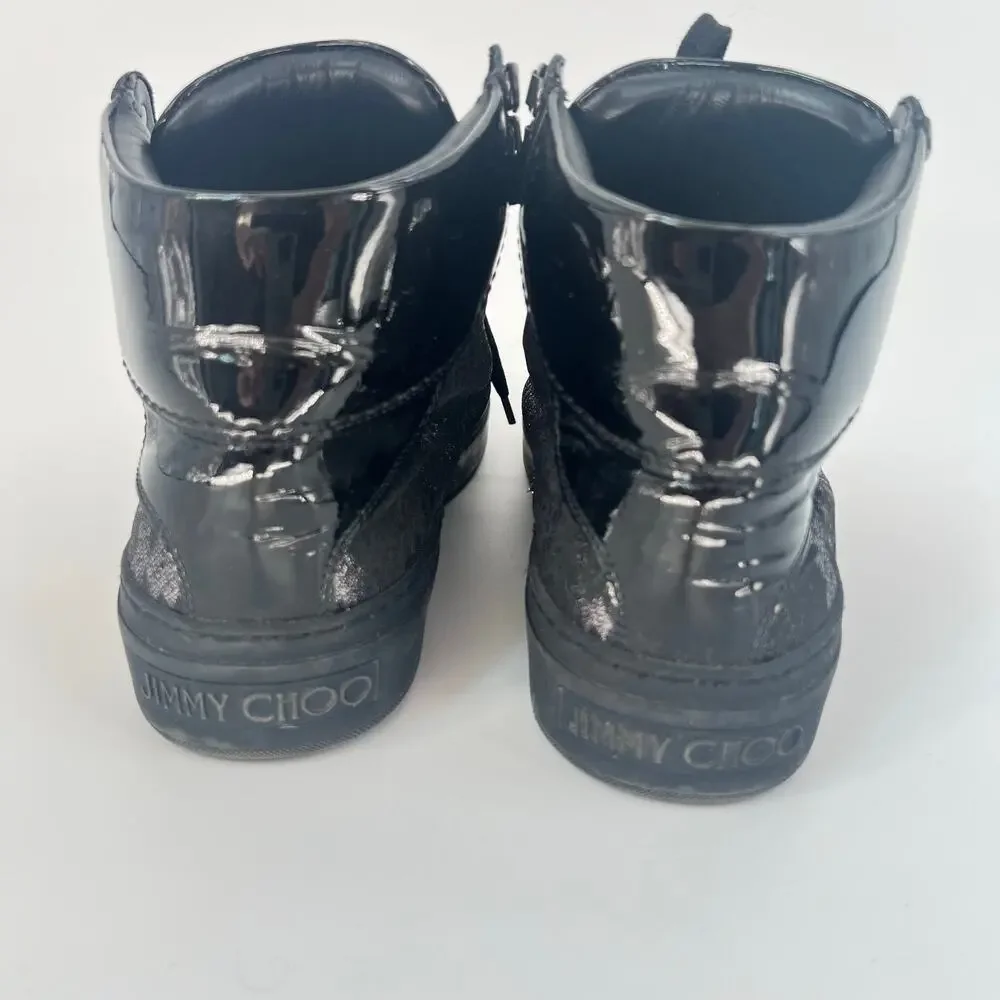 Jimmy Choo Black & Silver Snakeskin Patent Leather High Top Sneakers 39.5